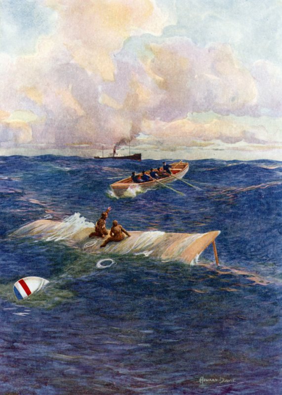 Livbåten av "The Mary of Denmark" som räddar Hawker and Grieve (färg litho) av Howard Davie