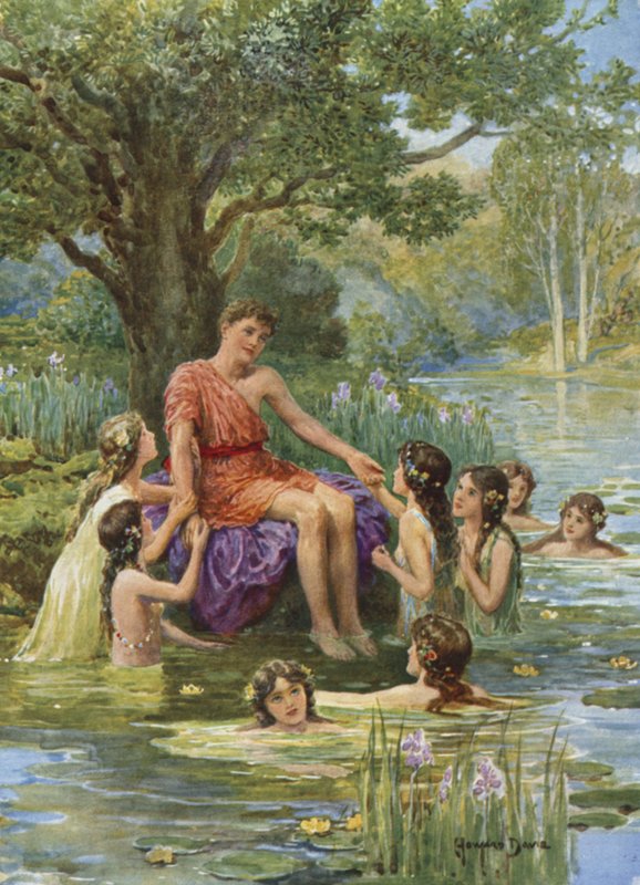 Vattennymferna kom för att titta på honom och älskade honom. Från hur argonauterna seglade till Colchis (färg litho) av Howard Davie