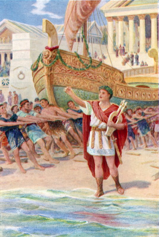 "Då tog Orfeus sin harpa och började sin magiska sång" (färg litho) av Howard Davie