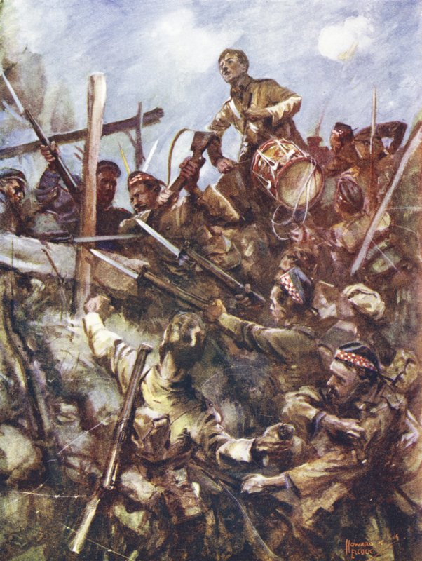 Trummisen Walter Ritchie står på fiendens bröstvärn för att ljuda laddningen, under kraftig kulspruteeld och bombattacker, Beaumont Hamel, Frankrike, 1 juli 1916 av Howard K. Elcock