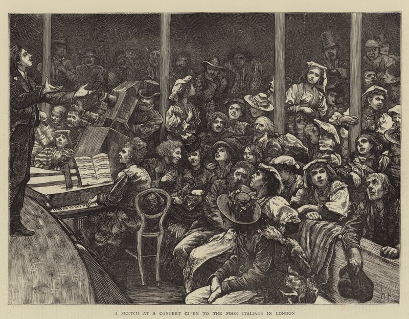 En sketch på en konsert som gavs till de fattiga italienarna i London av Hubert von Herkomer
