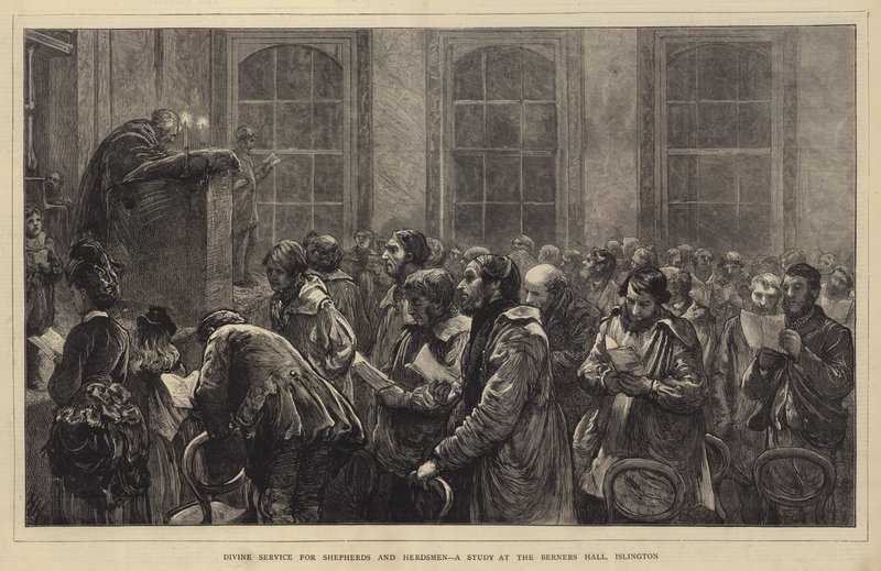 Gudstjänst för herdar och herdar, en studie i Berners Hall, Islington av Hubert von Herkomer