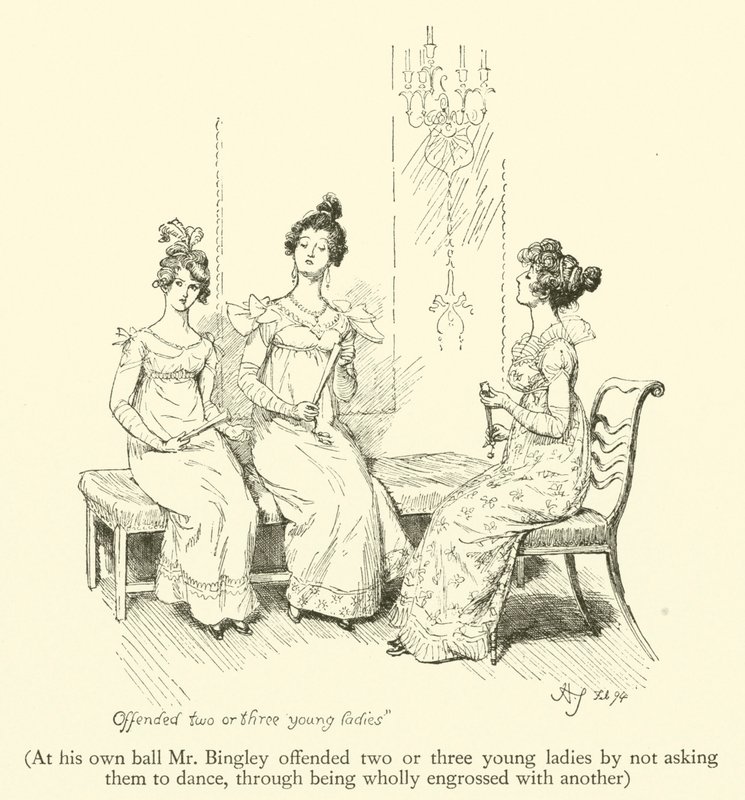 På sin egen bal förolämpade Mr Bingley två eller tre unga damer genom att inte be dem dansa, genom att vara helt uppslukad av en annan (gravyr) av Hugh Thomson