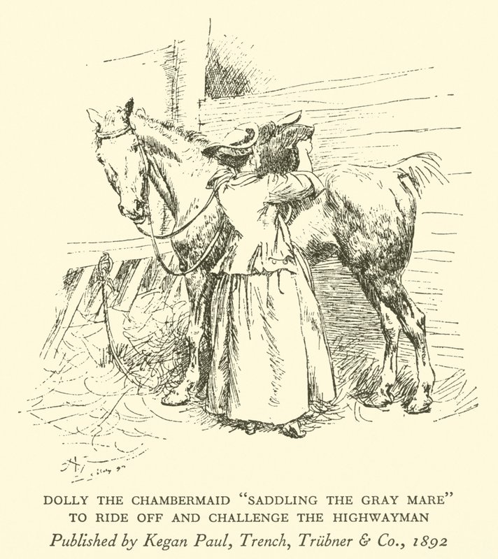 Dolly the Chambermaid "Saddling the Grey Mare", att rida iväg och utmana Highwayman (gravyr) av Hugh Thomson