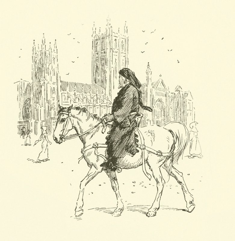 Geoffrey Chaucer till häst (litho) av Hugh Thomson
