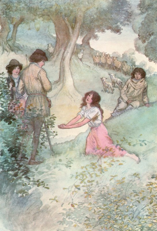 Illustration för Shakespeares As You Like It (färg litho) av Hugh Thomson