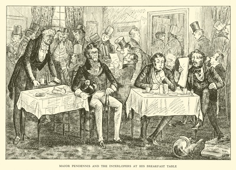 Major Pendennis and the Interlopers vid hans frukostbord (gravyr) av Hugh Thomson