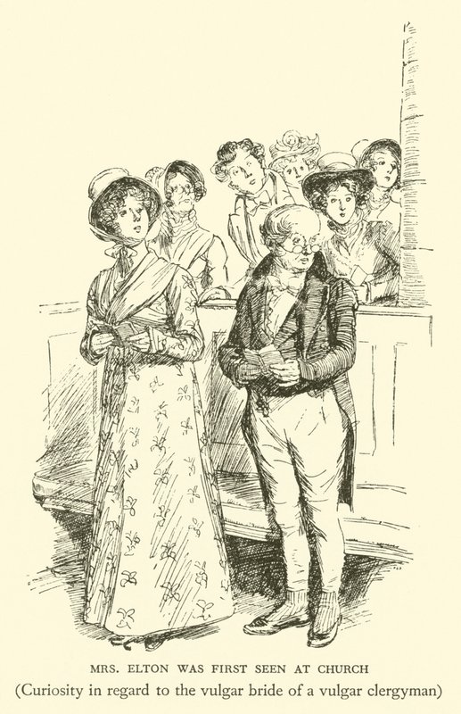 Mrs Elton sågs först i kyrkan, nyfikenhet på den vulgära bruden till en vulgär präst (gravyr) av Hugh Thomson