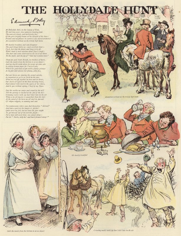 Serie av illustrationer som föreställer Hollydale-jakten av Hugh Thomson