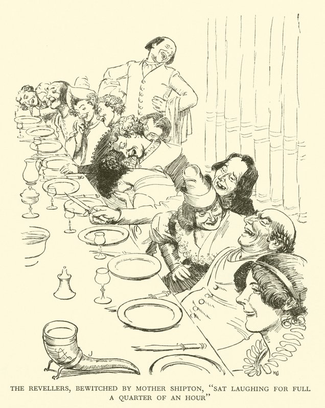 The Revellers, förhäxad av Mother Shipton, "Sat Laughing for Full a Quarter of an Hour" (gravyr) av Hugh Thomson