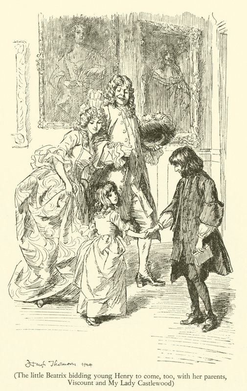 Den lilla Beatrix ber unga Henry att också komma med sina föräldrar, Viscount och My Lady Castlewood (gravyr) av Hugh Thomson
