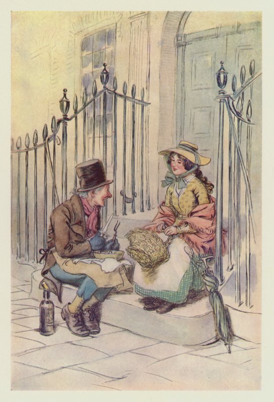 Trotty Veck, med sin dotter Meg, äter på trappan (färg litho) av Hugh Thomson