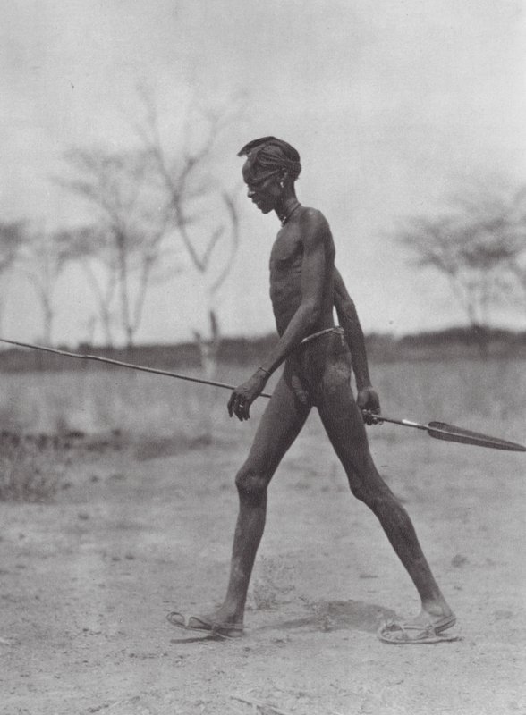 Afrika: Dinka-krigare med spjut (svartvitt foto) av Hugo Adolf Bernatzik