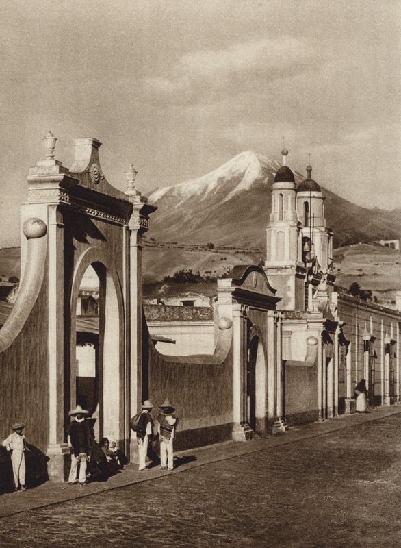 Mexiko: Chalchicomula med Pico de Orizaba (svartvitt foto) av Hugo Brehme