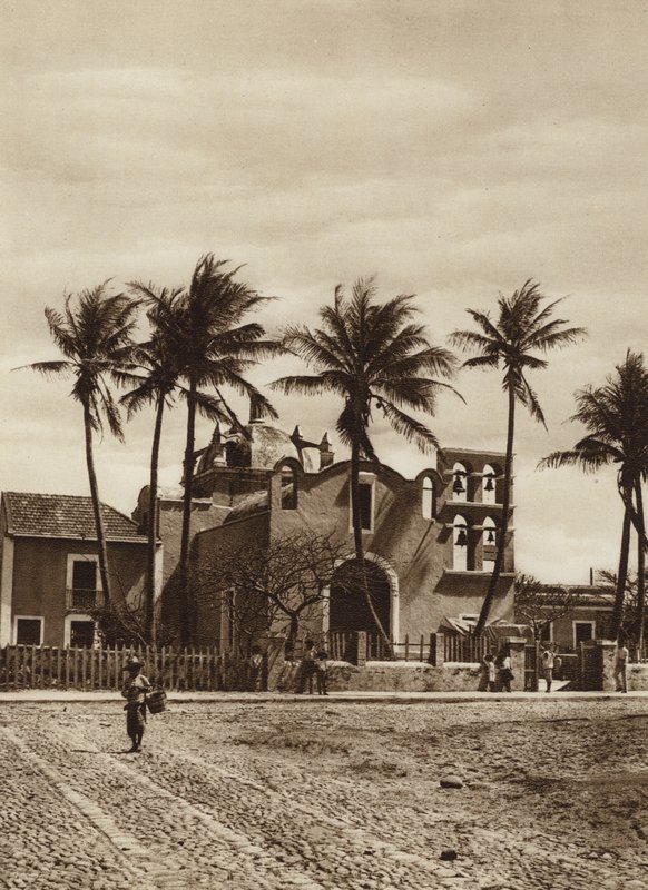 Mexiko: Vera Cruz, Kyrka med klocktorn (svartvitt foto) av Hugo Brehme