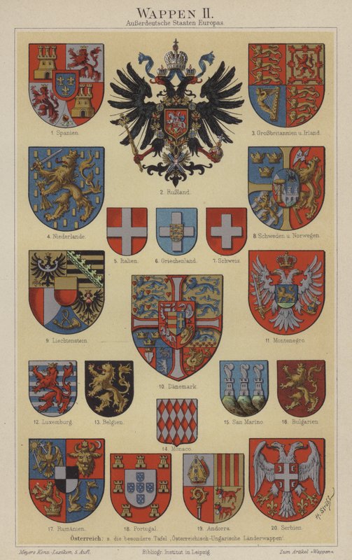 Europeiska länders vapen (färg litho) av Hugo Gerard (after) Strohl