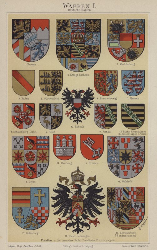 Tyska staters vapen (färg litho) av Hugo Gerard (after) Strohl
