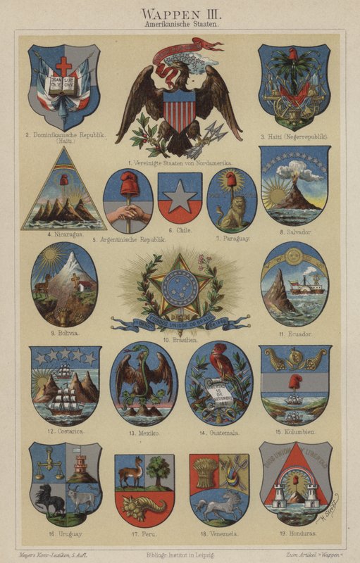 Vapensköldar från länder i Amerika (färg litho) av Hugo Gerard (after) Strohl
