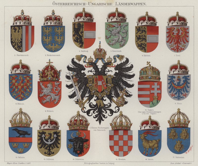 Det österrikisk-ungerska imperiets vapen (färg litho) av Hugo Gerard (after) Strohl