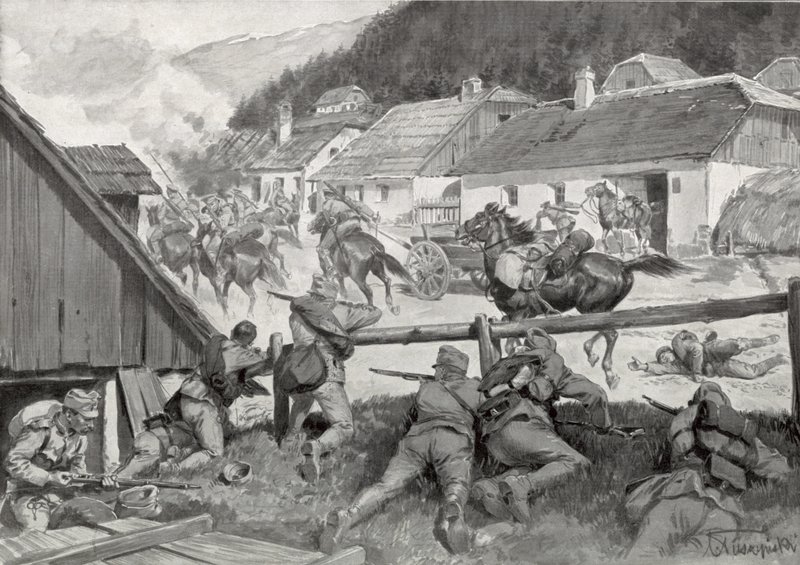 Plundrande kosacker överraskas av ungerska trupper i en ungersk by av Hungarian School