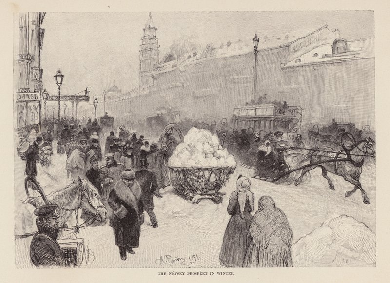 Nevskij Prospekt på vintern (gravyr) av Ilya Efimovich (after) Repin