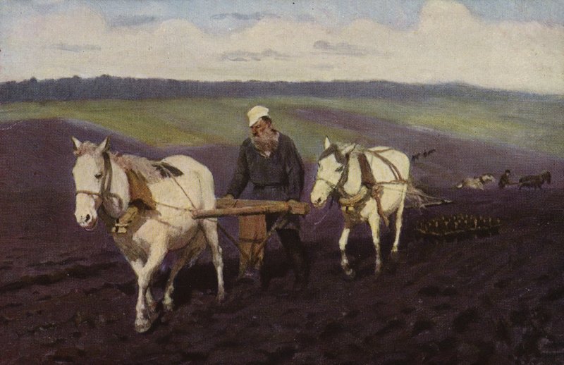 Den ryske författaren Leo Tolstoj plöjer på fälten, c1887 av Ilya Efimovich Repin