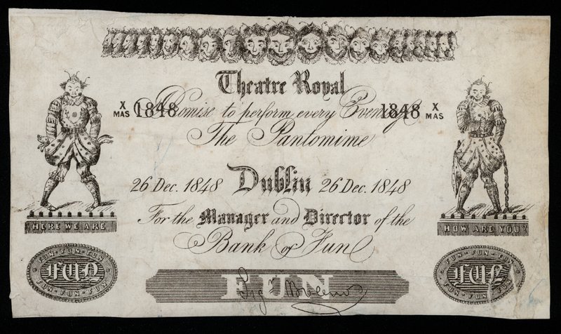Annons för en pantomim på Theatre Royal, Dublin, baserad på en Bank of Ireland-sedel av Irish School