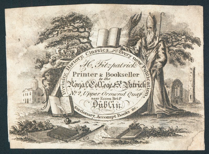 H Fitzpatrick, tryckare och bokhandlare till Royal College of Saint Patrick, handelskort av Irish School