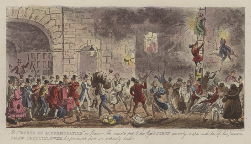 "House of Accommodation" i Flames! (färgad gravyr) av Isaac Robert (after) Cruikshank