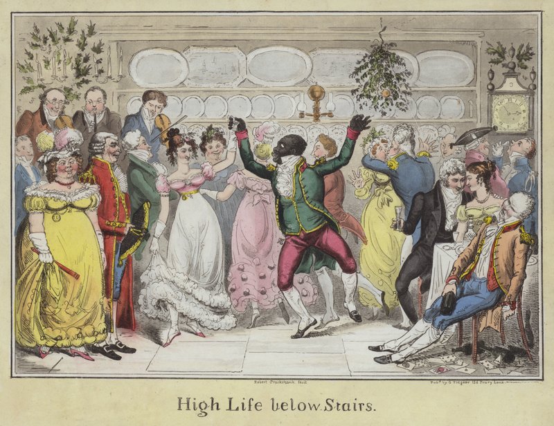 High Life under trappor (färgad etsning) av Isaac Robert Cruikshank