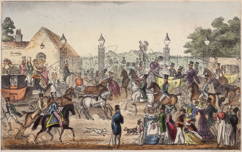 The Arrival, eller Western Entrance to Cockney Land (färgad gravyr) av Isaac Robert Cruikshank