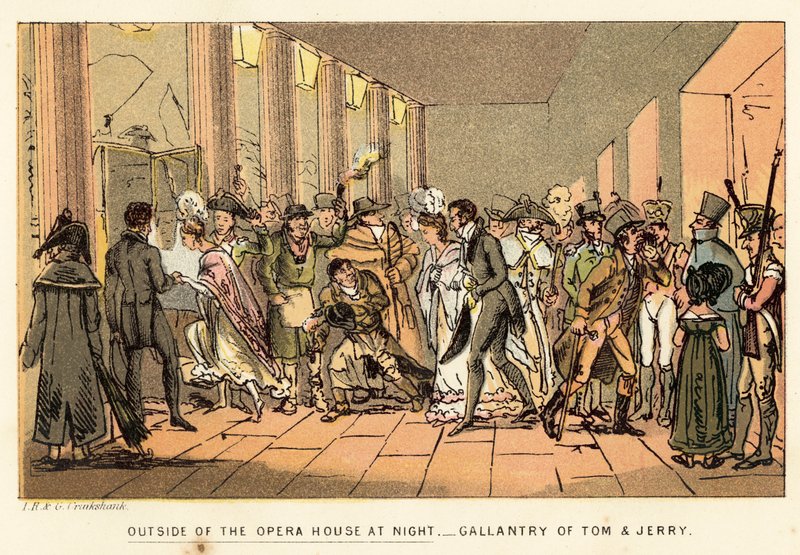 Utanför operahuset på natten av Isaac, Robert and George Cruikshank