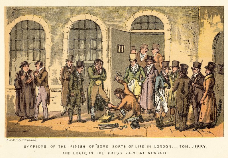 Symtom på slutet på någon sorts liv i London, Tom, Jerry och Logic, i pressgården, i Newgate av Isaac, Robert and George Cruikshank