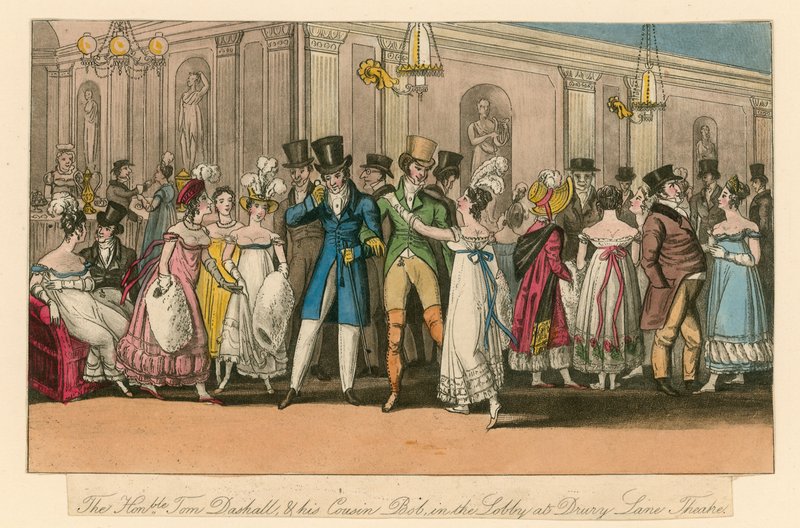 Den ärade Tom Dashall och hans kusin Bob i lobbyn på Drury Lane Theatre, London av Isaac, Robert and George Cruikshank