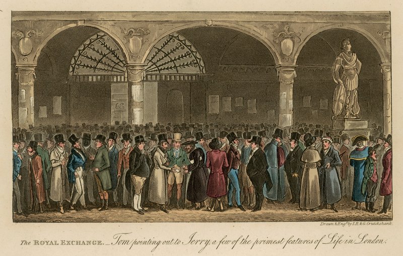 The Royal Exchange: Tom påpekar för Jerry några av de främsta dragen i livet i London av Isaac, Robert and George Cruikshank