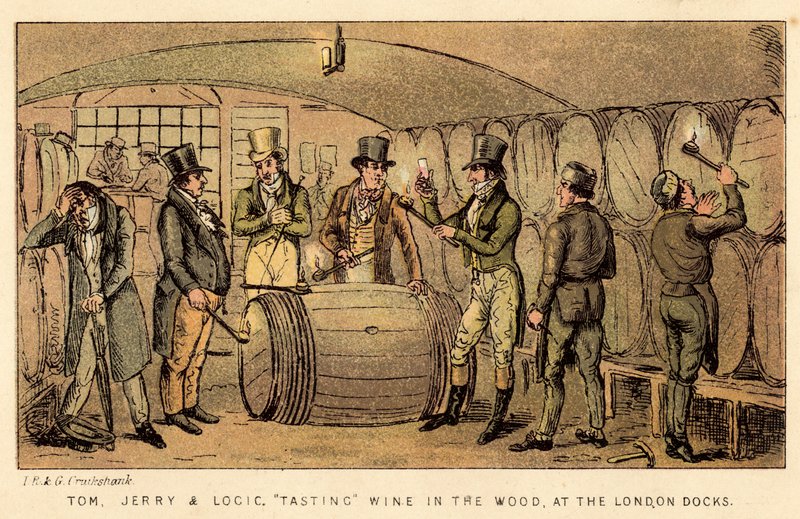 Tom, Jerry och Logic, provsmakar vin i skogen, vid London Docks av Isaac, Robert and George Cruikshank