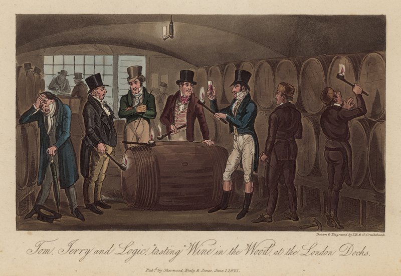 Tom, Jerry och Logic "provsmakar" vin i skogen vid Londons hamn. av Isaac, Robert and George Cruikshank