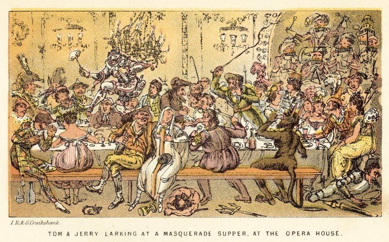Tom och Jerry larmar vid en maskeradsuppe på operahuset av Isaac, Robert and George Cruikshank