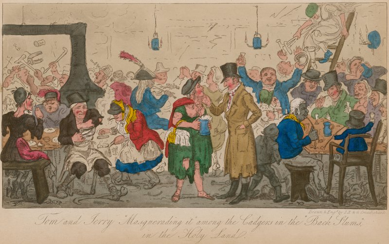 Tom och Jerry maskerar sig bland kadrerna i "Back Slums" i det heliga landet. av Isaac, Robert and George Cruikshank