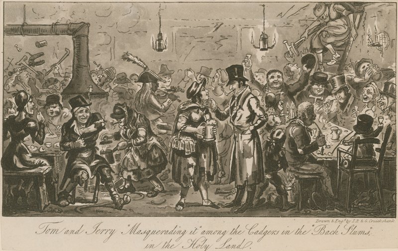 Tom och Jerry maskerar det bland cadgers i "bakre slummen" i det heliga landet av Isaac, Robert and George Cruikshank