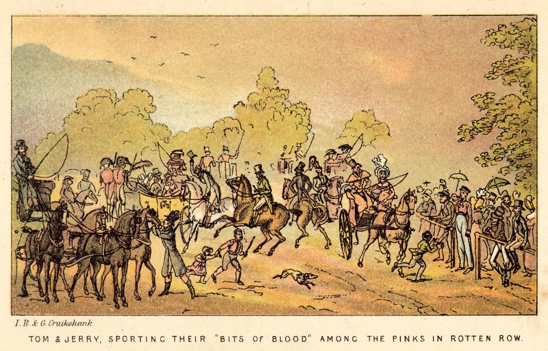 Tom och Jerry, med sina Bits of Blood bland de rosa i Rotten Row av Isaac, Robert and George Cruikshank