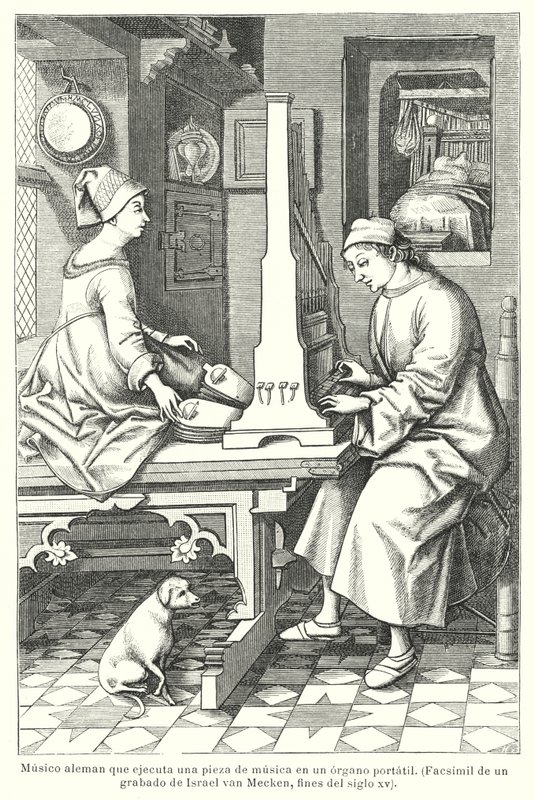 Tysk musiker som spelar en bärbar orgel, sent 1400-tal (litho) av Israel van (after) Mecken