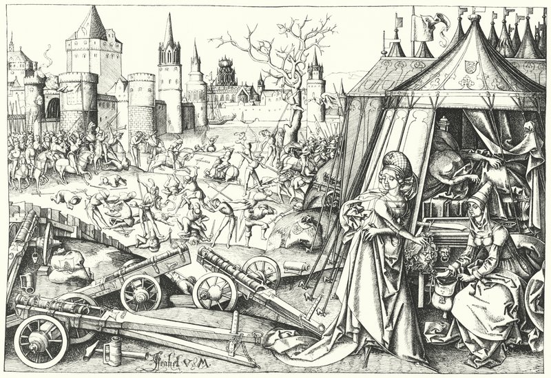 Halshuggningen av den assyriske generalen Holofernes av israeliten Judith av Bethulia, från dikten Judith (gravyr) av Israhel van the Elder Meckenem