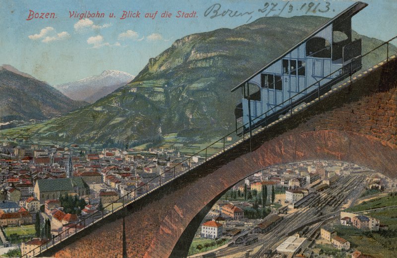 Bolzano - bergbana och utsikt över staden. Vykort skickat 1913. av Italian Photographer