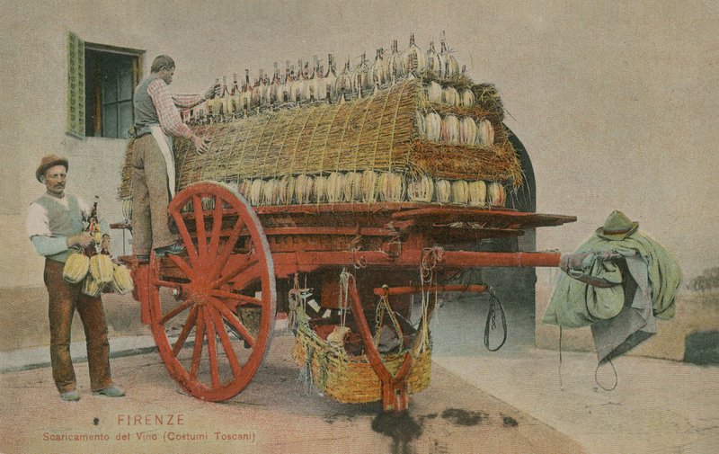 Lastar flaskor vin på en vagn, Florens. Vykort skickat 1913. av Italian Photographer