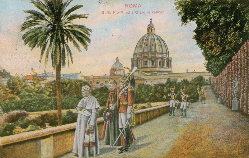 Påven Pius X i trädgårdarna i Vatikanen, Rom. Vykort skickat 1913. av Italian Photographer