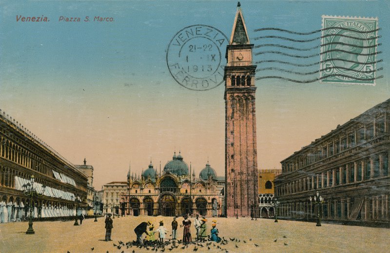 Venedig - Markusplatsen. Vykort skickat 1913. av Italian Photographer