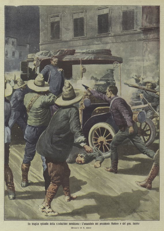 En tragisk episod i den mexikanska revolutionen: morden på president Madero och general Suarez (färglitografi) av Italian School