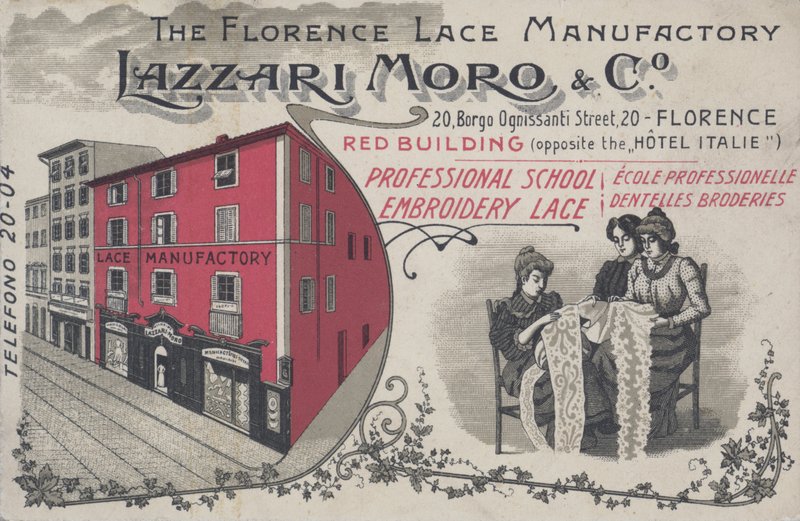 Annons för Lazzari Moro & Co spets, Florens; Italien (färg litho) av Italian School