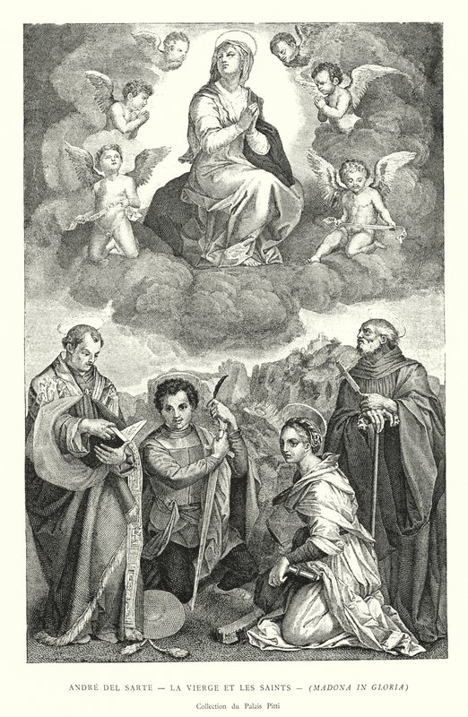 Andre del Sarte, Jungfrun och de heliga, Madonna i Gloria, Pitti Palace Collection (gravyr) av Italian School